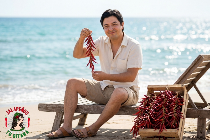 Hombre con chiles de árbol secos en la Playa de la Patacona de Valencia en primavera