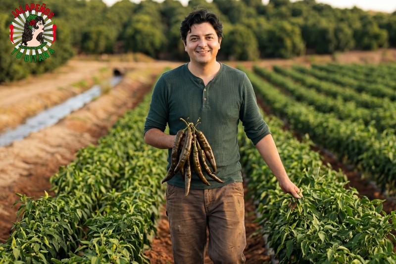 Agricultor caminando entre filas de chiles con chilacas recién cosechadas en Valencia