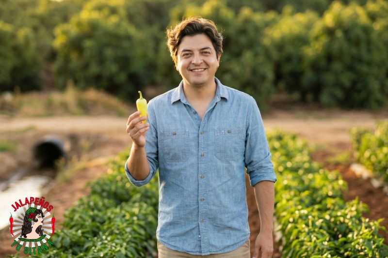 Agricultor cosechando chiles güeros frescos en campo de Valencia