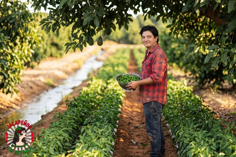 Agricultor con chiles serranos recién cosechados entre los aguacates del campo valenciano