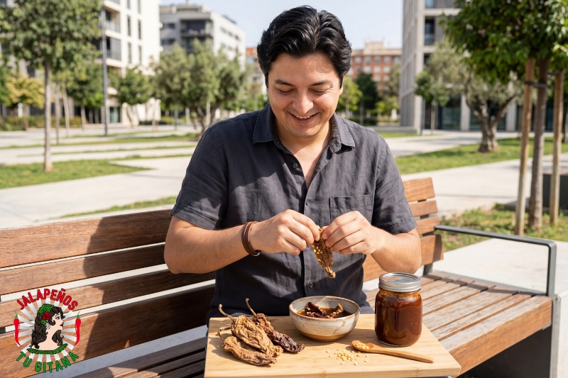 Hombre preparando adobo de chipotle meco en el Parque Central de Valencia