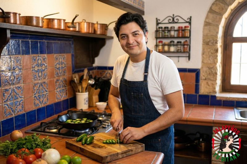 Hombre cocinando con chiles verdes frescos en cocina rústica tradicional