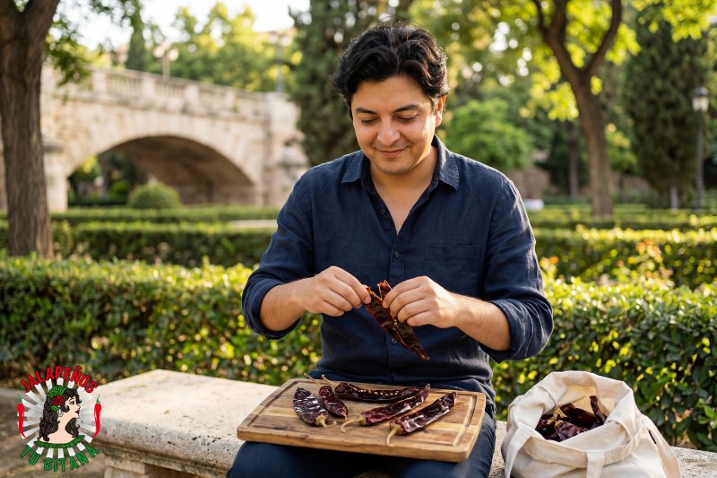 Hombre con chiles guajillo secos en el Jardín del Turia de Valencia