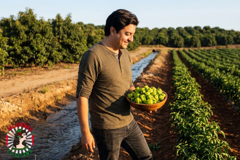 Agricultor mostrando habaneros verdes recién cosechados en campo de Valencia