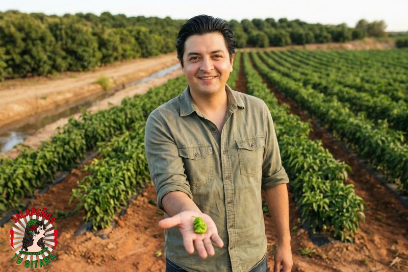 Agricultor mostrando chile Hulk Reaper recién cosechado en campos de Valencia