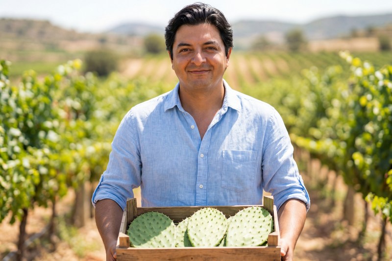 Hombre sonriente con caja de nopales frescos en viñedos de Requena, Valencia