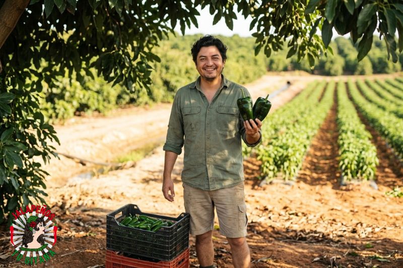 Agricultor mostrando chiles grandes recién cosechados en campo mediterráneo