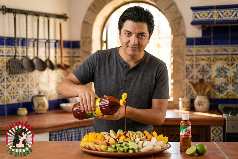 Hombre preparando una receta con salsa dulce picante en cocina rústica