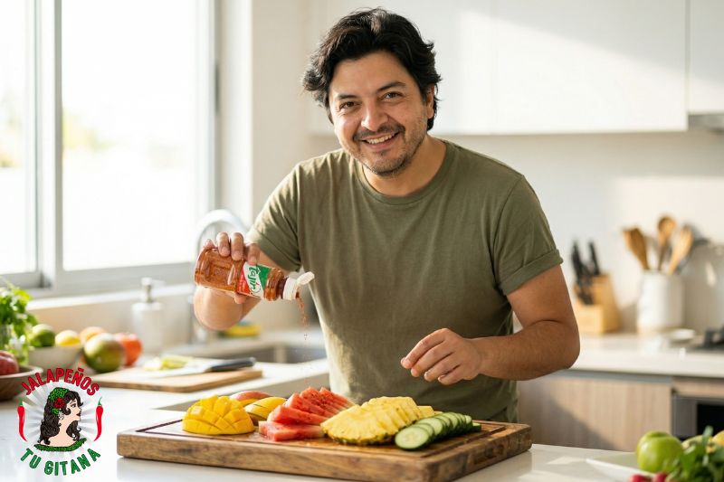 Hombre preparando un plato de frutas con especias en cocina