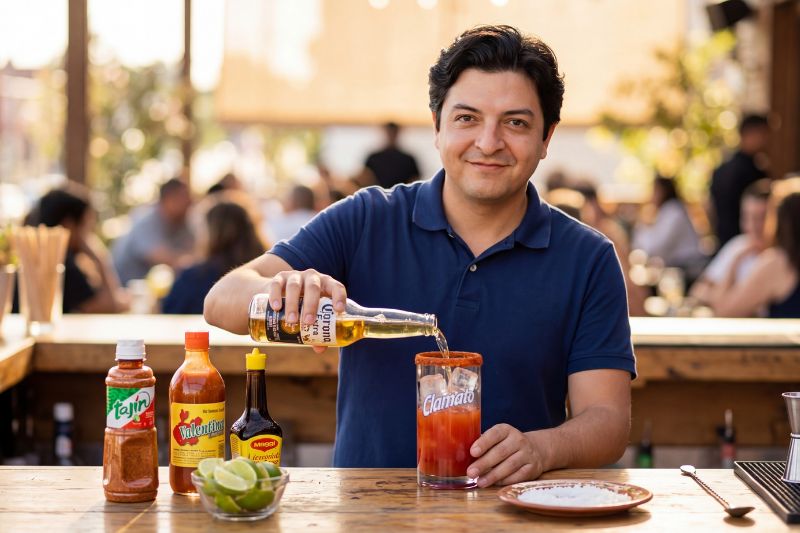 Hombre preparando una michelada en una terraza al aire libre