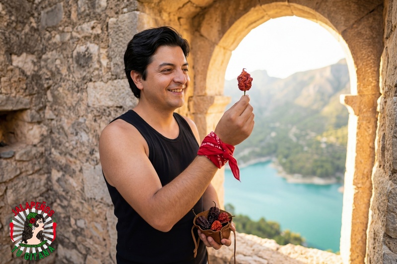 Hombre con chiles superpicantes secos en el Castillo de Guadalest en la Sierra de Alicante