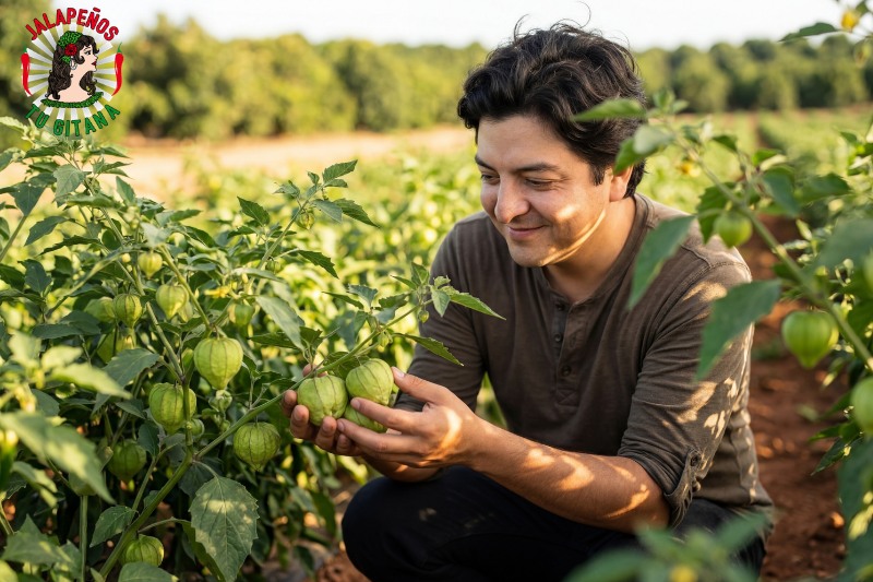 Agricultor examinando tomatillos maduros en planta en campo de Valencia