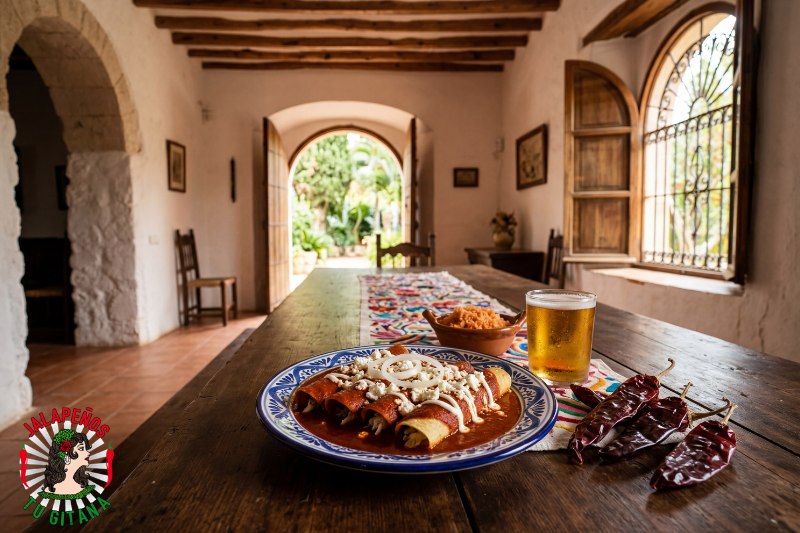 Enchiladas rojas con salsa de chile guajillo servidas en alquería valenciana