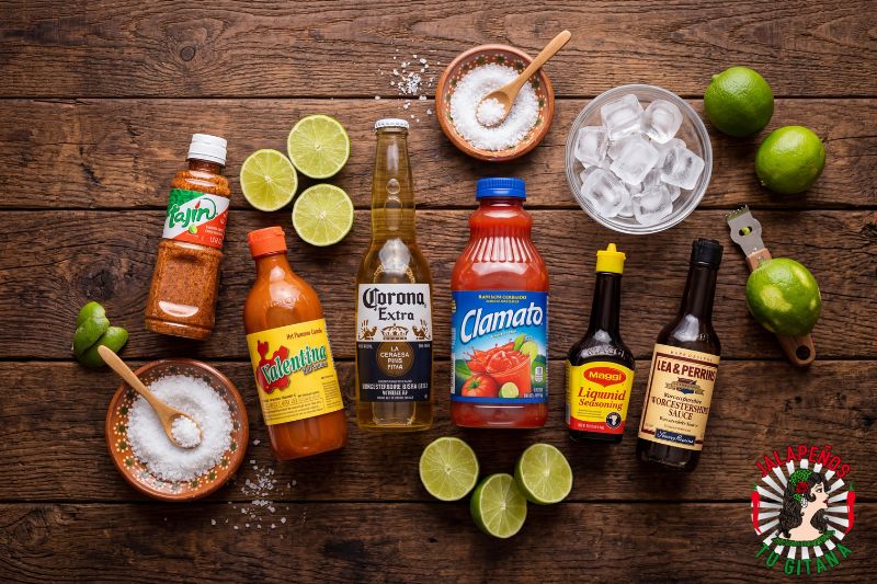 Ingredientes para preparar micheladas caseras sobre mesa de madera