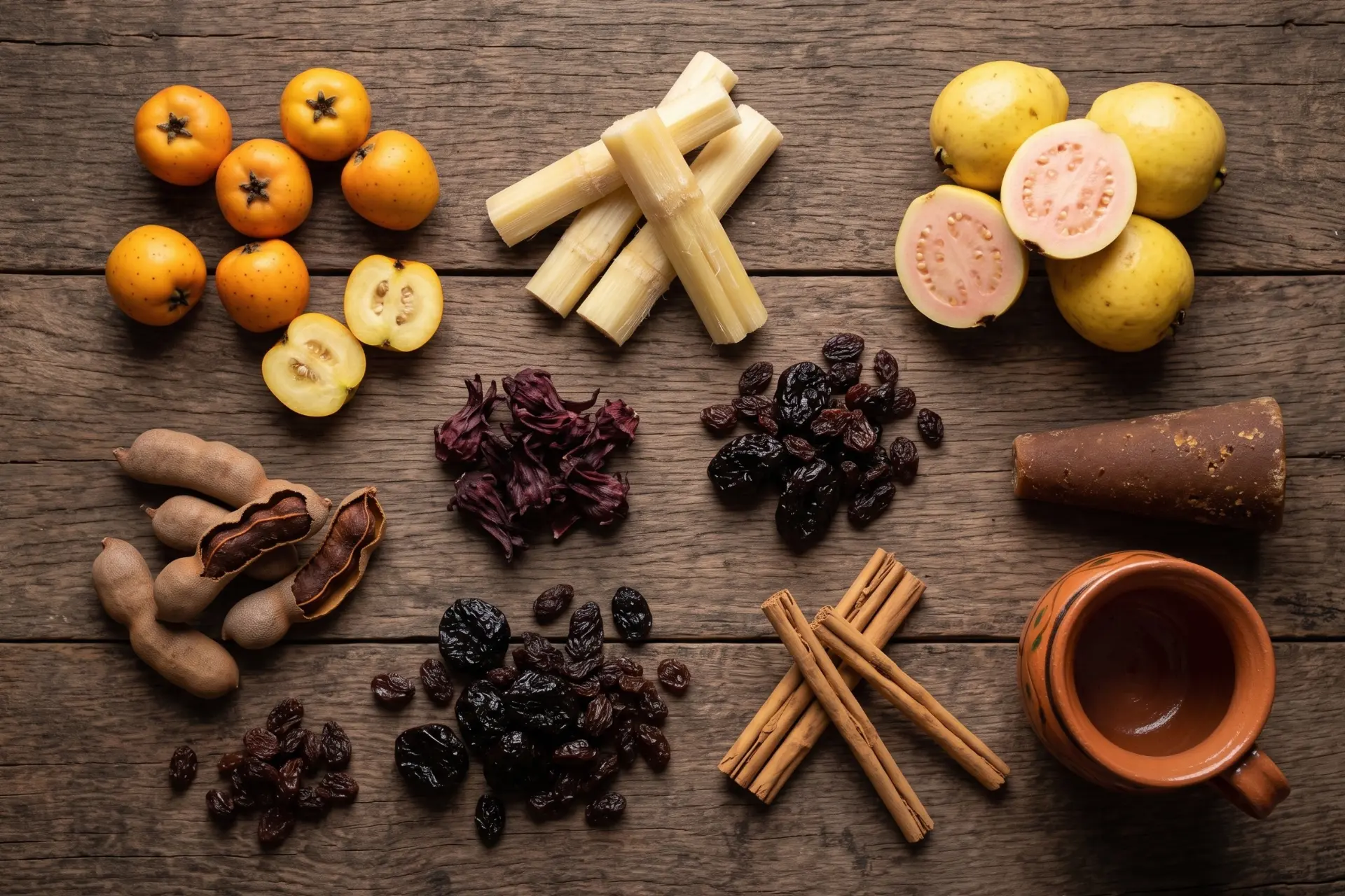Ingredientes del ponche navideño mexicano: tejocote, caña de azúcar, guayaba, tamarindo, flor de jamaica y canela