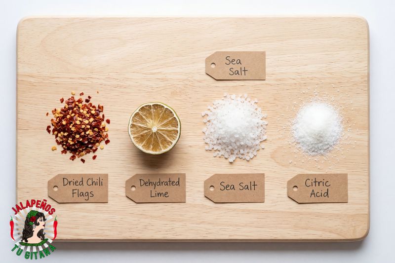 Especias deshidratadas y sal de mar sobre tabla de madera