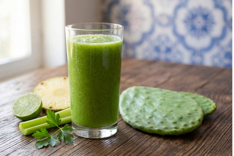 Jugo verde de nopal con piña, apio y limón en cocina con azulejos andaluces