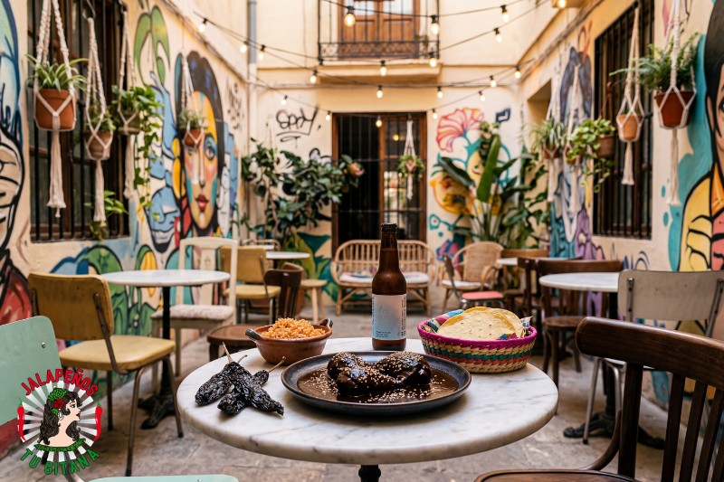 Mole negro preparado con chile pasilla servido en patio del barrio de Ruzafa en Valencia