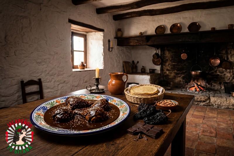 Mole poblano preparado con chile ancho servido en cocina de masía valenciana