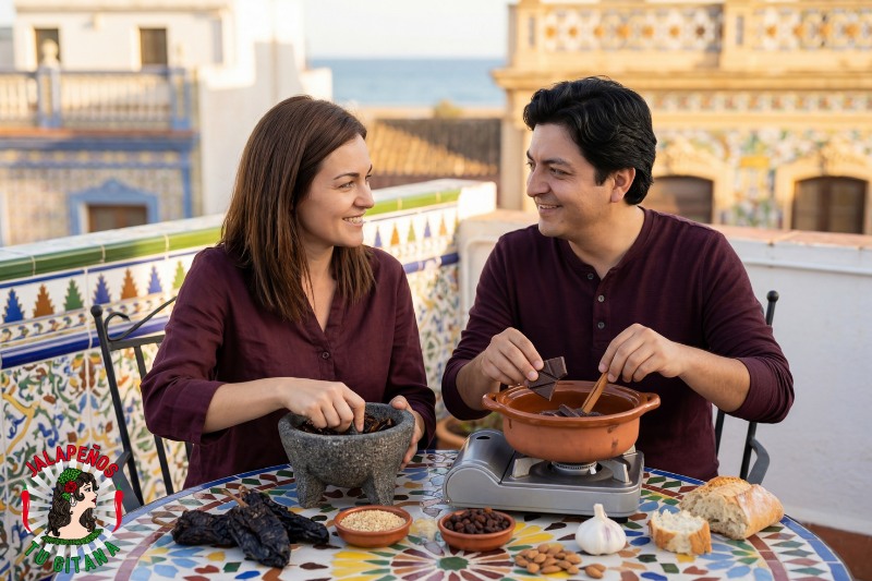 Pareja preparando mole con chile ancho en terraza del barrio del Cabanyal en Valencia