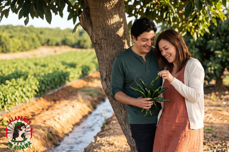 Pareja de agricultores con cosecha de chiles chilaca bajo aguacates en Valencia