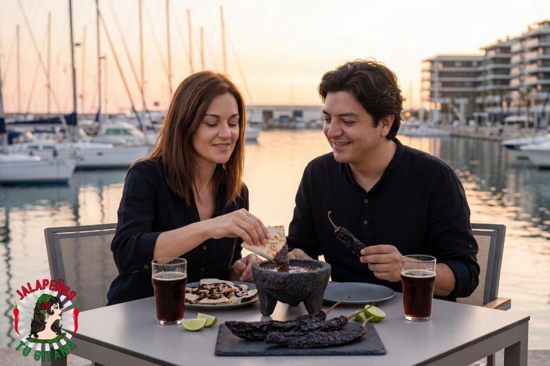 Pareja disfrutando de salsa de chile pasilla en terraza con vistas al puerto de Valencia