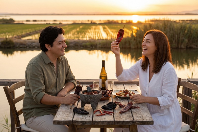 Pareja disfrutando de chiles secos mexicanos en terraza con vistas a la Albufera de Valencia