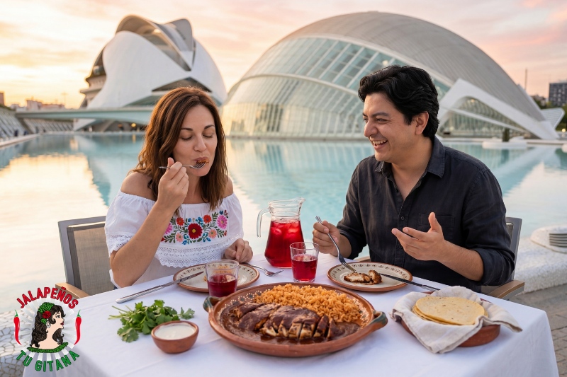Pareja disfrutando de adobo de chipotle meco en terraza con la Ciudad de las Artes y las Ciencias de Valencia al fondo