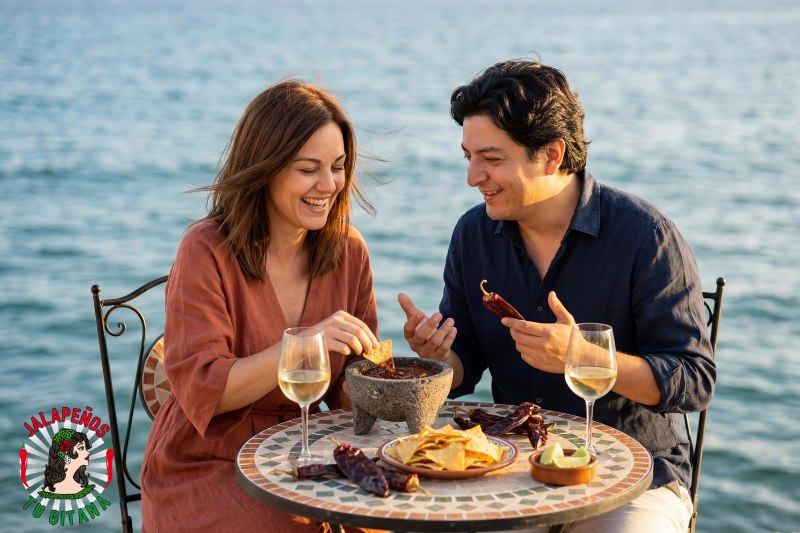 Pareja con chiles guajillo secos en terraza frente al mar Mediterráneo en Valencia