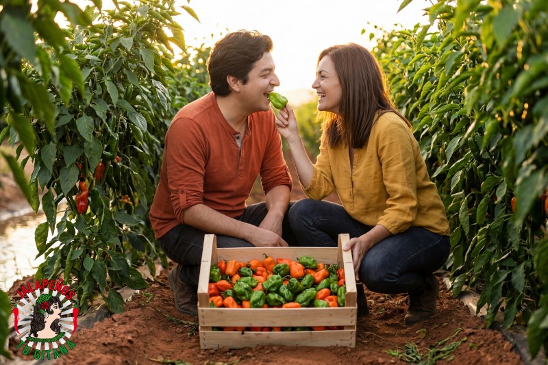 Pareja de agricultores con cosecha de habaneros frescos en campo valenciano