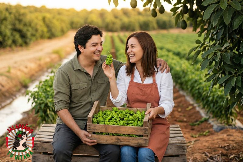 Pareja de agricultores con cosecha de chiles Hulk Reaper en campo valenciano
