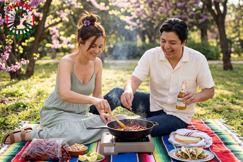 Pareja preparando salsa macha con chile de árbol al aire libre en los Jardines de Viveros de Valencia en primavera