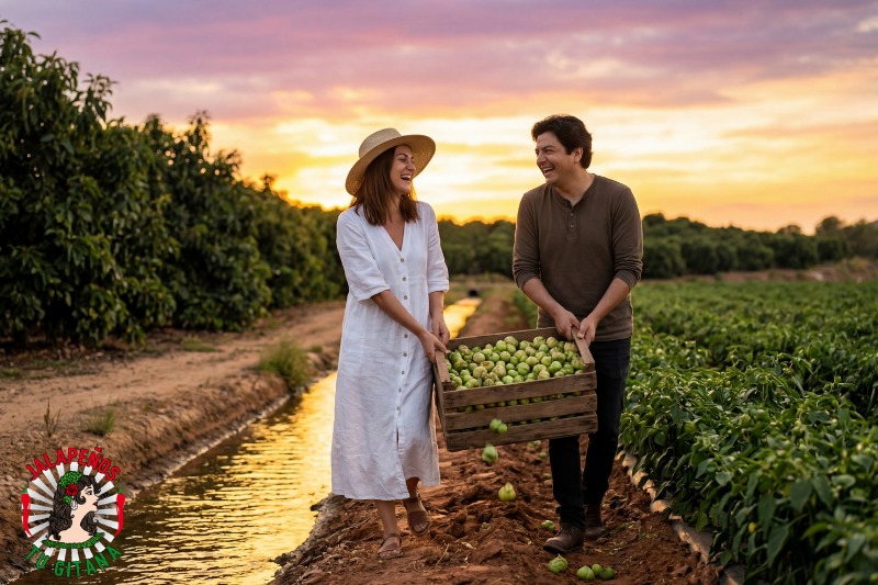Pareja de agricultores con cosecha de tomatillos verdes al atardecer en campo valenciano