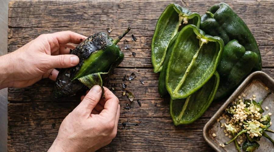Pelar chile poblano y limpiar semillas