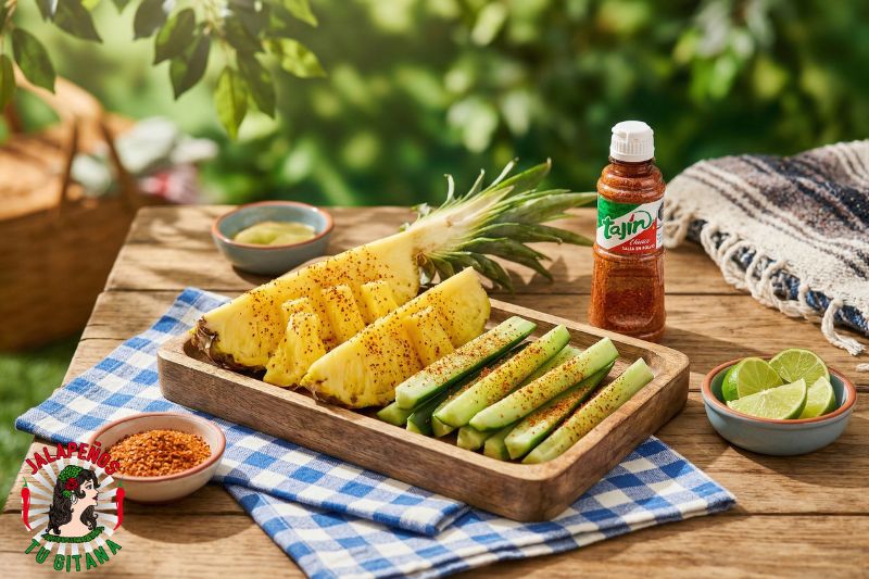 Piña y pepino cortados con especias y limón en mesa de picnic