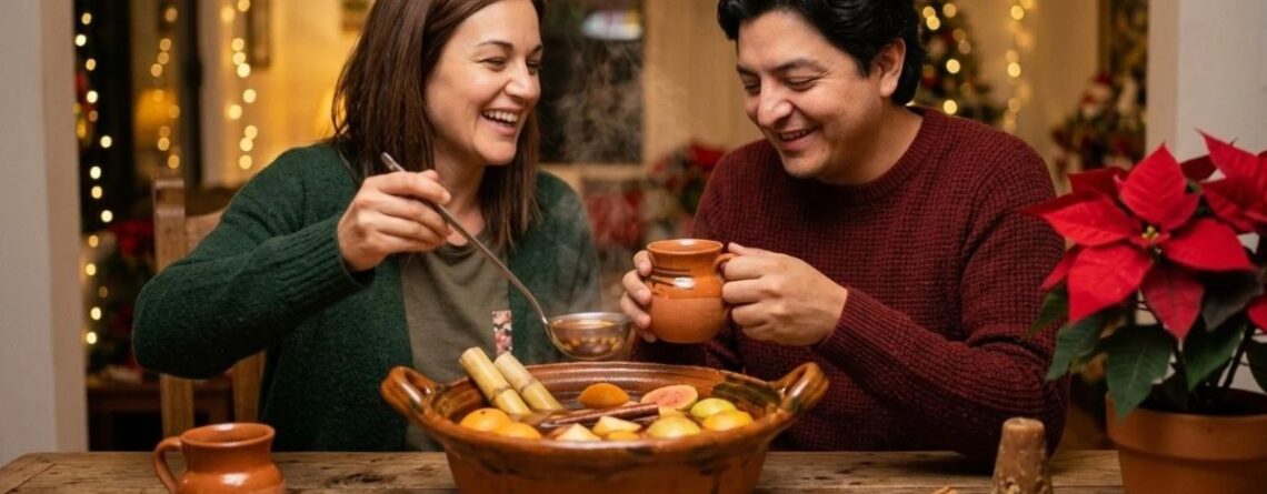 Dos personas sirven ponche navideño de una olla de barro en jarritos, la bebida de la Navidad en México
