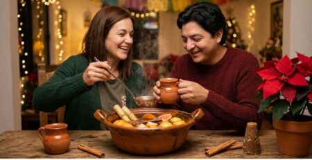 Dos personas sirven ponche navideño de una olla de barro en jarritos, la bebida de la Navidad en México