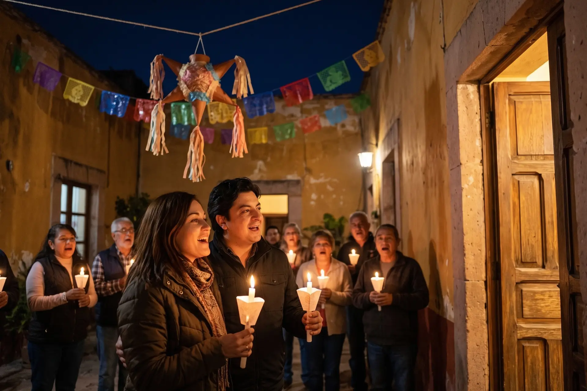 Posada mexicana con velas y piñata de siete picos, una tradición de la Navidad en México