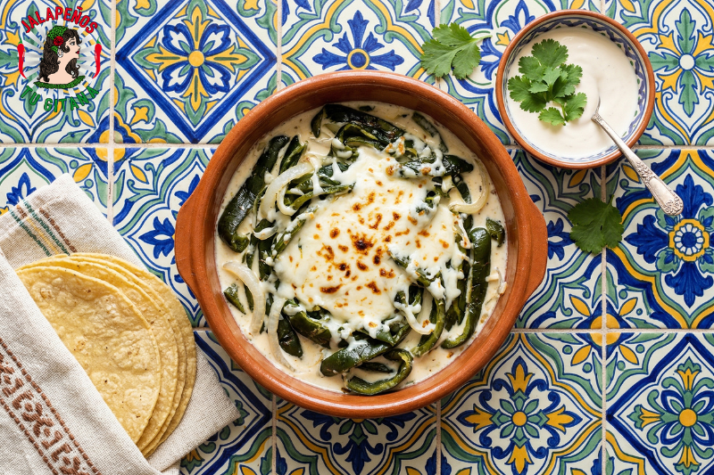 Plato de tiras de chile verde asado con crema y cebolla
