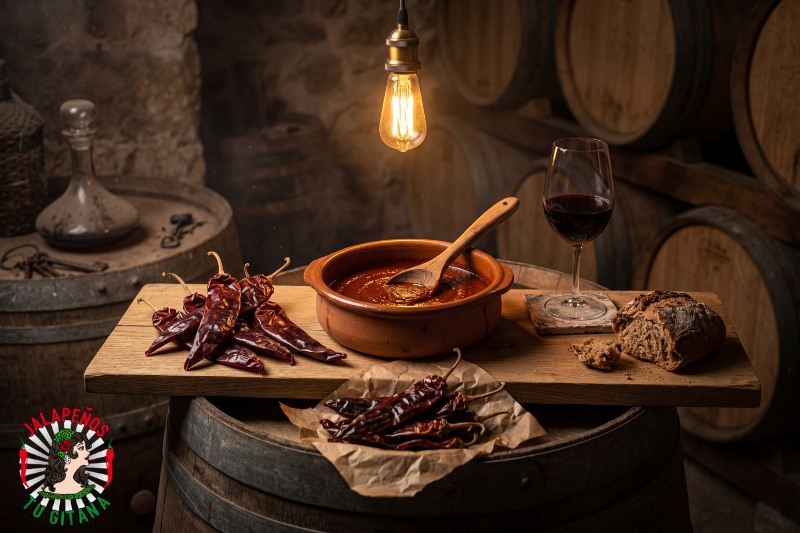 Salsa roja de chile guajillo en cazuela de barro dentro de bodega valenciana