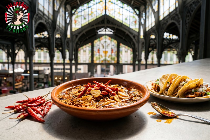 Salsa macha de chile de árbol recién preparada en el Mercado de Colón de Valencia