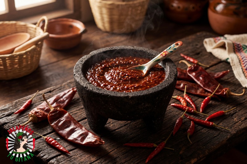 Salsa roja en molcajete elaborada con chiles secos Tajín