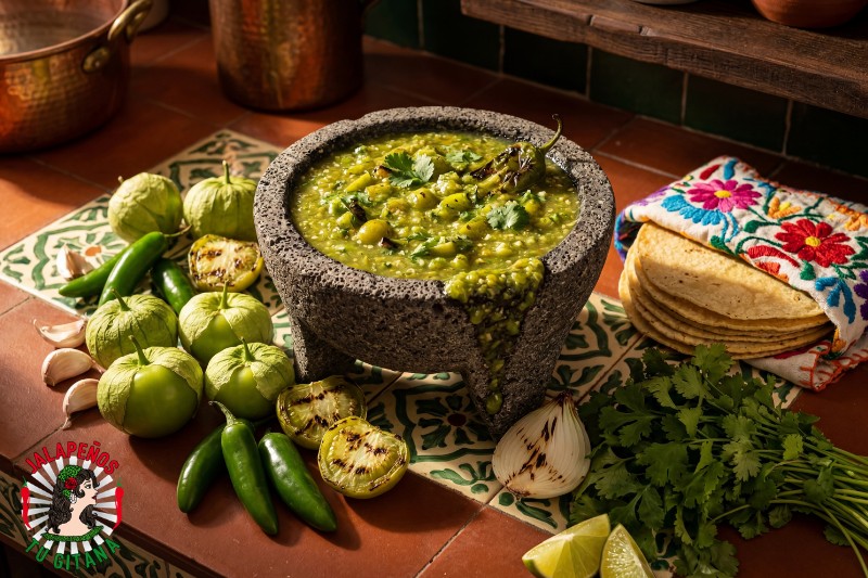 Salsa verde mexicana de tomatillo recién preparada en molcajete de piedra volcánica