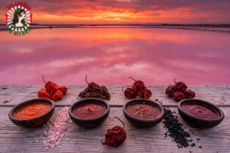 Salsas elaboradas con chiles secos superpicantes en las Salinas de Santa Pola al atardecer
