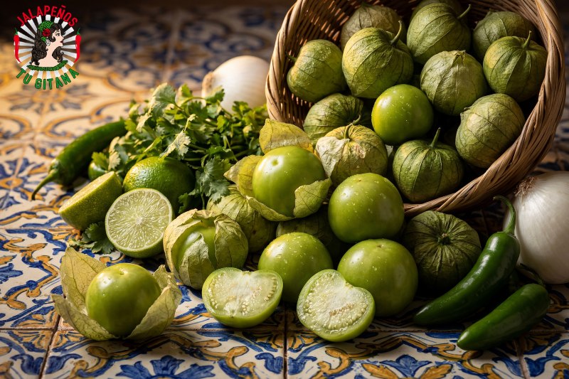 Tomatillos verdes mexicanos frescos con cáscara sobre azulejos andaluces