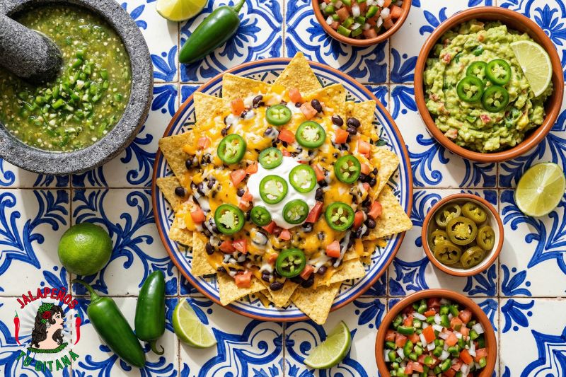 Plato de nachos con rodajas de chile verde, guacamole y salsa mexicana